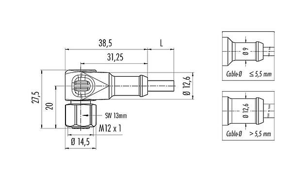 Scale drawing 77 3734 0000 20912-0500 - M12 Female angled connector, Contacts: 12, unshielded, moulded on the cable, IP69K, UL, Ecolab, PVC, grey, 12 x 0.25 mm², stainless steel, 5 m