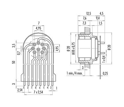 连接和尺寸 09 0474 65 08 - M16 孔头法兰座, 极数: 8 (08-a), 非屏蔽, THT, IP40, M18x0,75, 後壁安裝