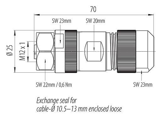 比例图 99 0640 39 05 - M12 直头孔头电缆连接器, 极数: 4+FE, 8.0-13.0mm, 非屏蔽, 螺钉接线, IP67, M12x1.0, 不锈钢