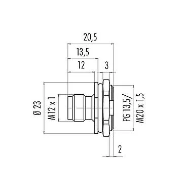 Scale drawing 86 4533 1002 00004 - M12 Male panel mount connector, Contacts: 4, unshielded, solder, IP67, UL, PG 13.5