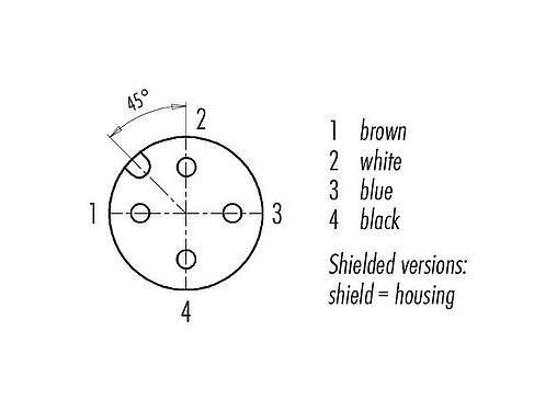 Contact arrangement (Plug-in side) 77 3434 0000 20004-0500 - M12 Female angled connector, Contacts: 4, unshielded, moulded on the cable, IP69K, UL, PVC, grey, 4 x 0.34 mm², 5 m