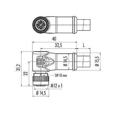 比例图 77 0694 0000 50704-0500 - M12 弯角孔头电缆连接器, 极数: 3+PE, 非屏蔽, 预铸电缆, IP68, PUR, 黑色, 4x1.50mm², 5m