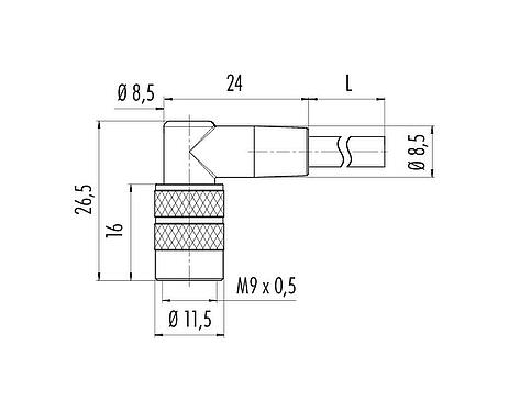 比例图 79 1456 272 05 - M9 弯角孔头电缆连接器, 极数: 5, 非屏蔽, 预铸电缆, IP67, PUR, 黑色, 5x0.25mm², 2m