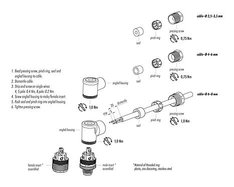 Assembly instructions 99 0430 58 04 - M12 Female angled connector, Contacts: 4, 8.0-10.0 mm, unshielded, screw clamp, IP67, UL, VDE, for the power supply