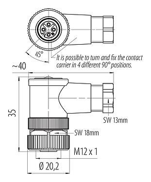 比例图 99 0530 24 04 - M12 弯角孔头电缆连接器, 极数: 4, 4.0-6.0mm, 非屏蔽, 压接(压接触点必须单独订购), IP67, UL 2238