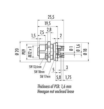 Scale drawing 86 0536 1120 00404 - M12 Female panel mount connector, Contacts: 4, shieldable, THT, IP67, UL, PG 9, front fastened