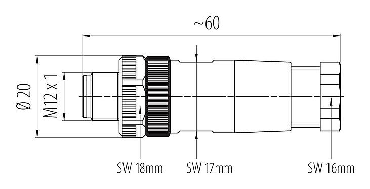 比例图 99 0437 110 05 - M12 直头针头电缆连接器, 极数: 5, 6.0-8.0mm, 非屏蔽, 螺钉接线, IP67