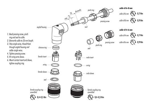 装配说明 99 0130 106 12 - M16 弯角孔头电缆连接器, 极数: 12 (12-a), 4.0-6.0mm, 非屏蔽, 焊接, IP67