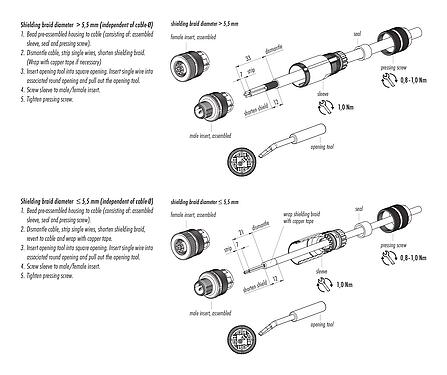装配说明 99 1540 814 05 - M12 直头孔头电缆连接器, 极数: 5, 5.0-8.0mm, 可接屏蔽, 笼式弹簧, IP67
