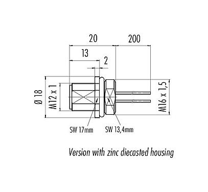 Scale drawing 76 0233 0011 00104-0200 - M12 Male panel mount connector, Contacts: 4, unshielded, single wires, IP68, UL, M16x1.5