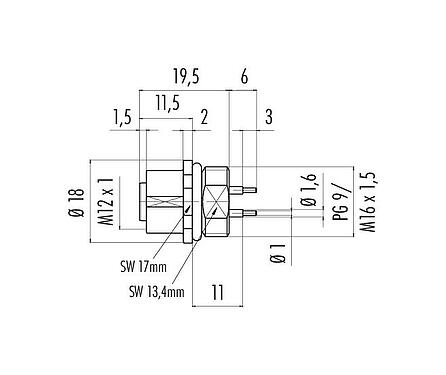 比例图 86 0232 0000 00012 - M12 孔头法兰座, 极数: 12, 非屏蔽, THT, IP68, UL, M16x1.5