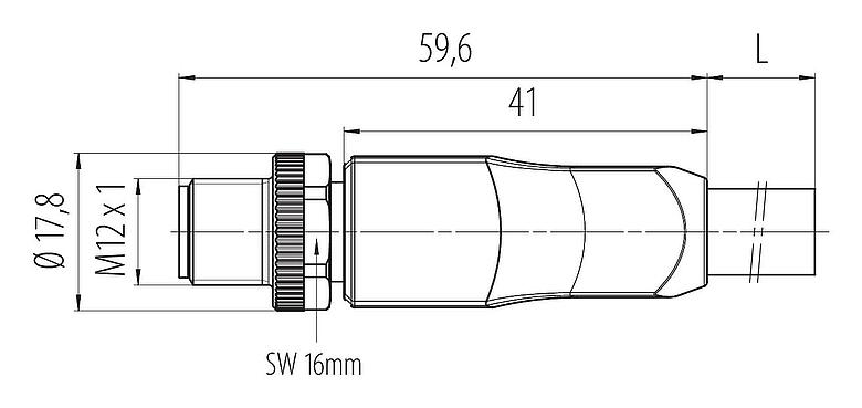 比例图 77 0649 0000 50505-0200 - M12 直头针头电缆连接器, 极数: 4+FE, 非屏蔽, 预铸电缆, IP68, UL, M12x1.0, PUR, 黑色, 5x2.50mm², 2m