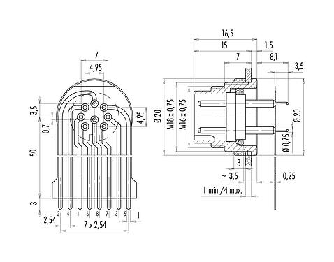 Connection & dimensions 09 0473 65 08 - M16 Male panel mount connector, Contacts: 8 (08-a), unshielded, THT, IP40, front fastened