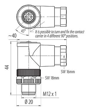 比例图 99 0429 165 04 - M12 弯角针头电缆连接器, 极数: 4, 6.0-8.0mm, 非屏蔽, 螺钉接线, IP67