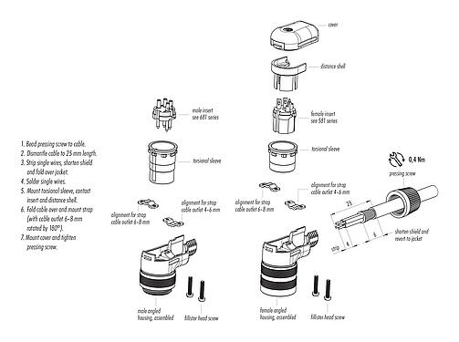 装配说明 99 0133 10 02 - M16 弯角针头电缆连接器, 极数: 2 (02-a), 4.0-6.0mm, 可接屏蔽, 焊接, IP40