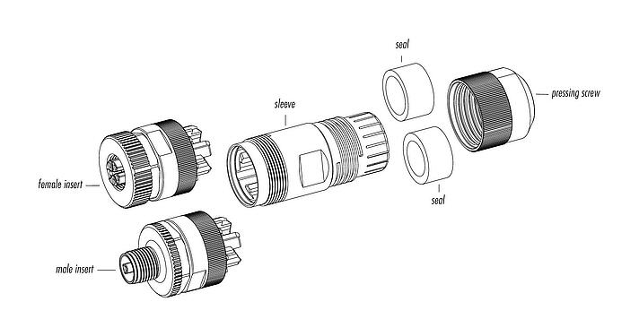 组件图纸 99 0700 29 05 - M12 直头孔头电缆连接器, 极数: 4+PE, 8.0-13.0mm, 非屏蔽, 螺钉接线, IP67, UL