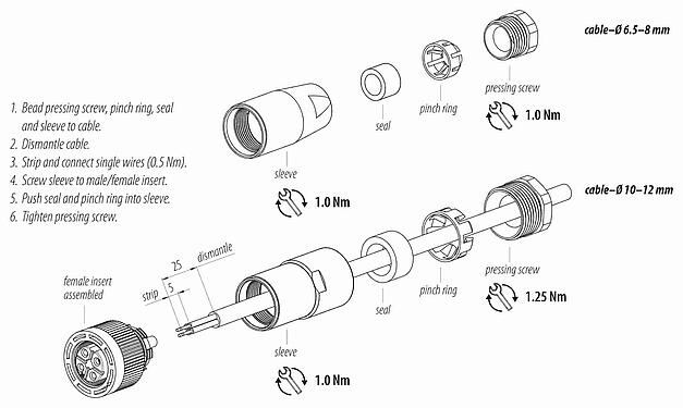 装配说明 09 0440 010 04 - M18 直头孔头电缆连接器, 极数: 4, 6.5-8.0mm, 非屏蔽, 螺钉接线, IP67, UL