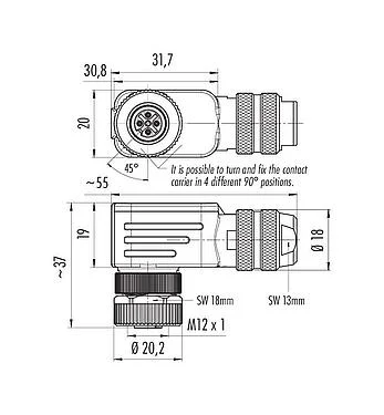 比例图 99 1430 822 04 - M12 弯角孔头电缆连接器, 极数: 4, 6.0-8.0mm, 可接屏蔽, 螺钉接线, IP67, UL