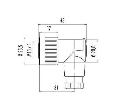 比例图 09 0440 00 04 - M18 弯角孔头电缆连接器, 极数: 4, 6.5-8.0mm, 非屏蔽, 螺钉接线, IP67