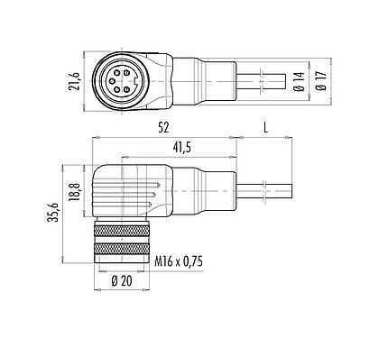 比例图 79 6272 200 08 - M16 弯角孔头电缆连接器, 极数: 8 (08-a), 非屏蔽, 预铸电缆, IP67, PUR, 黑色, 8x0.25mm², 2m