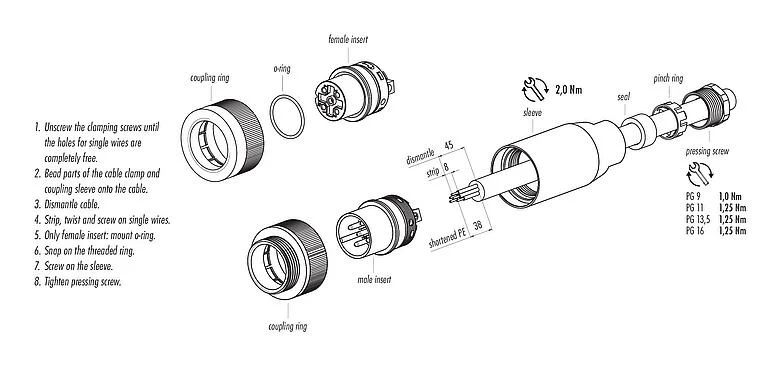 装配说明 99 0718 03 13 - RD30 直头孔头电缆连接器, 极数: 12+PE, 14.0-18.0mm, 非屏蔽, 焊接, IP65