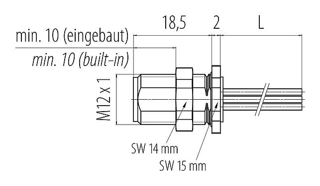 Scale drawing 76 1031 1011 00012-0200 - M12 Male panel mount connector, Contacts: 12, unshielded, single wires, IP68, M12x1.0, front fastened