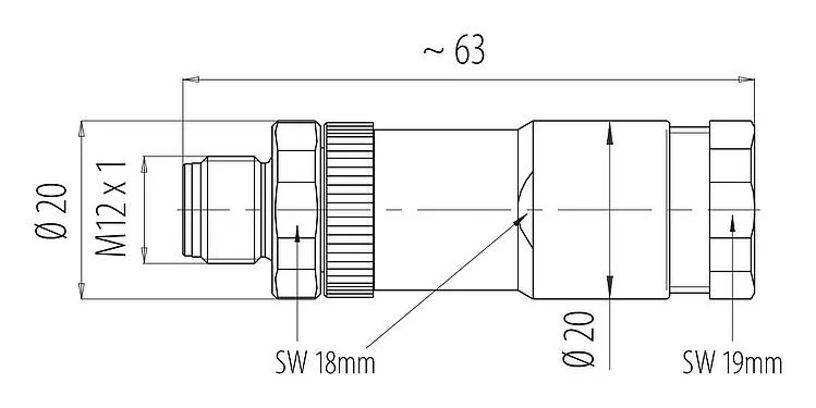 比例图 99 0437 287 05 - M12 双出口针头电缆连接器, 极数: 5, 2x电缆Ø2.1-3.0mm或 Ø4.0-5.0mm, 非屏蔽, 螺钉接线, IP67, UL