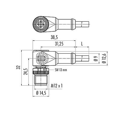 Scale drawing 77 4427 0000 20004-0200 - M12 Male angled connector, Contacts: 4, unshielded, moulded on the cable, IP69K, UL, PVC, grey, 4 x 0.34 mm², 2 m