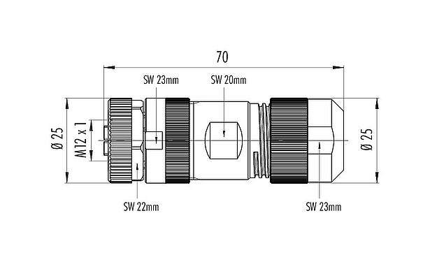 比例图 99 0700 29 05 - M12 直头孔头电缆连接器, 极数: 4+PE, 8.0-13.0mm, 非屏蔽, 螺钉接线, IP67, UL