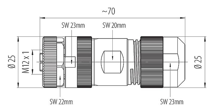 比例图 99 0700 37 05 - M12 直头孔头电缆连接器, 极数: 4+PE, 8.0-13.0mm, 非屏蔽, 螺钉接线, IP67, UL 2237正在准备中, 带PE接口