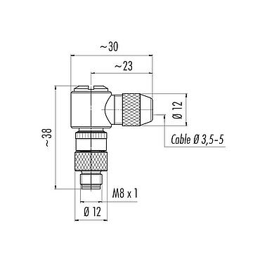 比例图 99 3367 00 04 - M8 弯角针头电缆连接器, 极数: 4, 3.5-5.0mm, 可接屏蔽, 焊接, IP67, UL