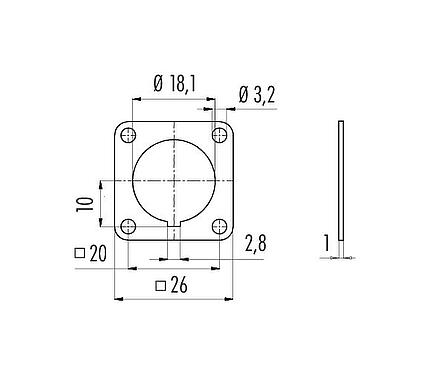 比例图 04 0106 001 - M16 IP40 - 法兰连接器的方形法兰；581/680/682系列。