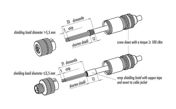 装配说明 99 1631 814 04 - M12 直头针头电缆连接器, 极数: 4, 5.0-8.0mm, 可接屏蔽, 螺钉接线, IP67, UL