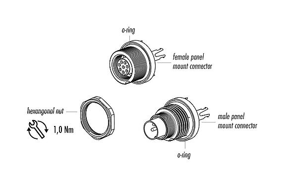 Component part drawing 09 0424 35 07 - M9 Female panel mount connector, Contacts: 7, shieldable, THT, IP67, front fastened