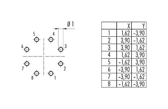 Conductor layout 09 0774 490 08 - Bayonet Female panel mount connector, Contacts: 8, unshielded, THT, IP67