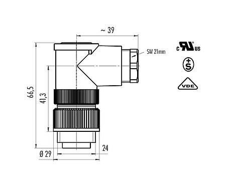 比例图 99 4201 215 07 - RD24 弯角针头电缆连接器, 极数: 6+PE, 10.0-12.0mm, 非屏蔽, 压接（压接触点必须单独订购）, IP67, UL, ESTI+, VDE, PG 13.5