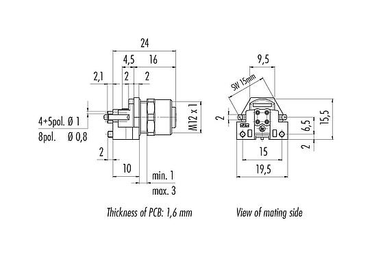 Scale drawing 99 3432 200 04 - M12 Female panel mount connector, Contacts: 4, unshielded, THR, IP68, UL, for PCB assembly, two-part design