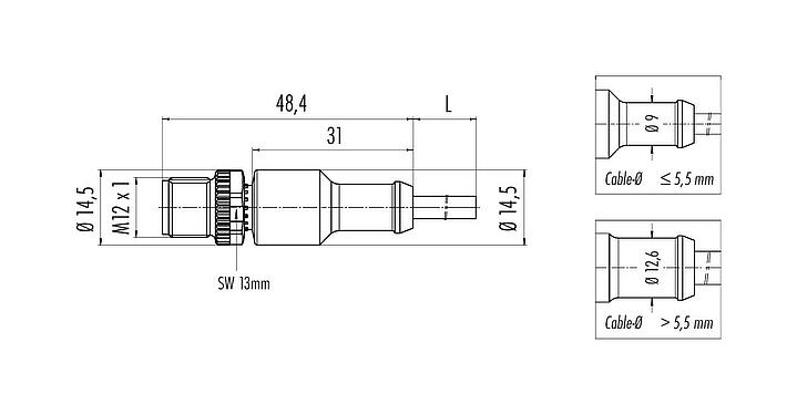 Scale drawing 77 3429 0000 20004-0200 - M12 Male cable connector, Contacts: 4, unshielded, moulded on the cable, IP69K, UL, PVC, grey, 4 x 0.34 mm², 2 m