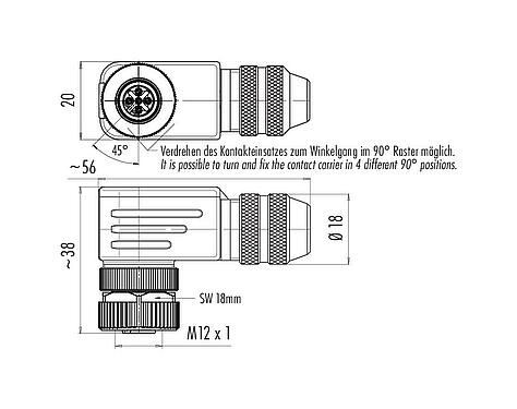 比例图 99 3730 820 04 - M12 弯角孔头电缆连接器, 极数: 4, 6.0-8.0mm, 可接屏蔽, 螺钉接线, IP67, UL