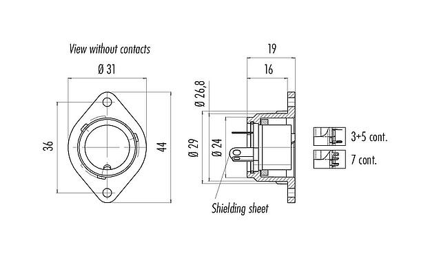 Scale drawing 09 0058 70 03 - Bayonet Female panel mount connector, Contacts: 3, shieldable, solder, IP40