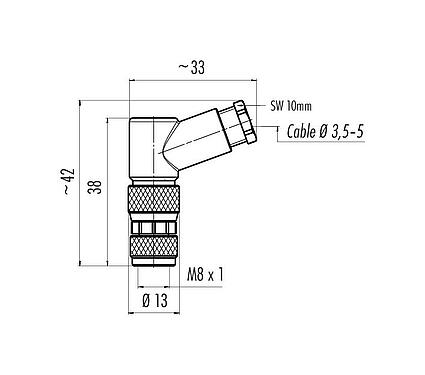 比例图 99 3376 110 04 - M8 弯角孔头电缆连接器, 极数: 4, 3.5-5.0mm, 非屏蔽, 螺钉接线, IP67, UL