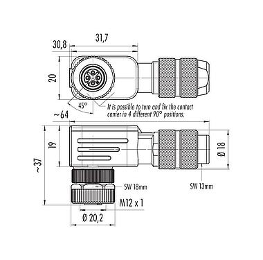 比例图 99 1434 824 04 - M12 弯角孔头电缆连接器, 极数: 4, 6.0-8.0mm, 可接屏蔽, 压接（压接触点必须单独订购）, IP67, UL