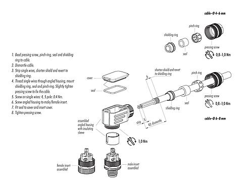 装配说明 99 1437 822 05 - M12 弯角针头电缆连接器, 极数: 5, 6.0-8.0mm, 可接屏蔽, 螺钉接线, IP67, UL