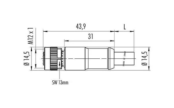 Scale drawing 77 0606 0000 50704-0200 - M12 Female cable connector, Contacts: 4, unshielded, moulded on the cable, IP69K, PUR, black, 4 x 1.50 mm², 2 m