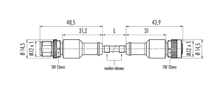 Scale drawing 77 3430 3429 50005-0100 - M12/M12 Connecting cable male cable connector - female cable connector, Contacts: 5, unshielded, moulded on the cable, IP69K, UL, PUR, black, 5 x 0.34 mm², 1 m