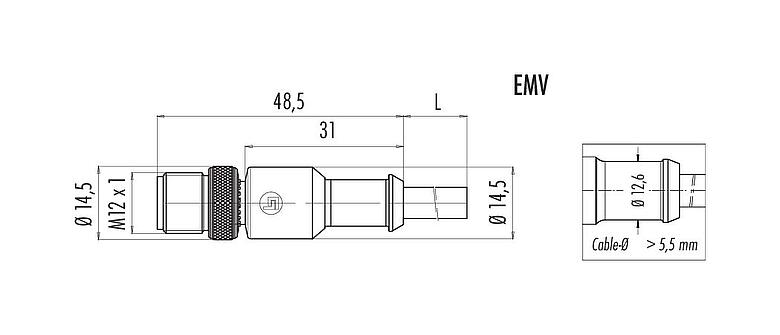 Scale drawing 77 3529 0000 20705-0200 - M12 Male cable connector, Contacts: 5, shielded, moulded on the cable, IP67, UL, PVC, grey, 5 x 0.25 mm², 2 m