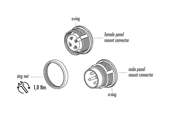 Component part drawing 09 0108 80 03 - M16 Female panel mount connector, Contacts: 3 (03-a), unshielded, solder, IP67, UL, front fastened