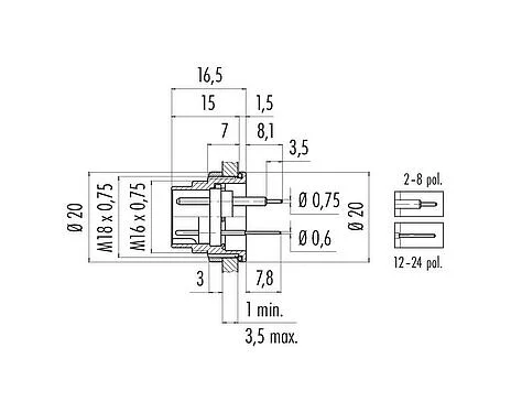 Scale drawing 09 0123 90 06 - M16 Male panel mount connector, Contacts: 6 (06-a), unshielded, THT, IP67, UL, front fastened