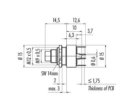 Scale drawing 09 0403 35 02 - M9 Male panel mount connector, Contacts: 2, shieldable, THT, IP67, front fastened