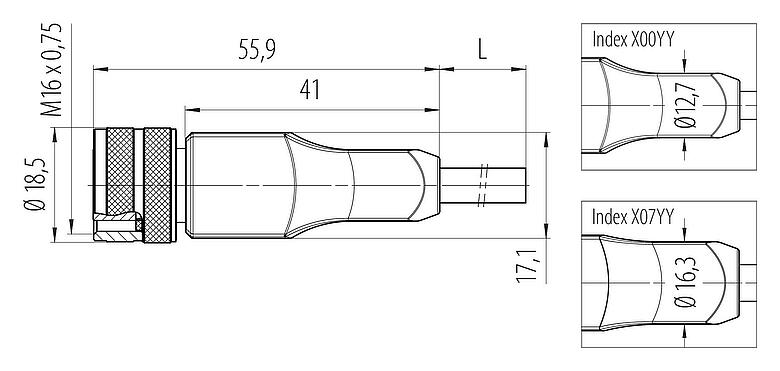 比例图 77 6530 0000 50003-0200 - M16 直头孔头电缆连接器, 极数: 3, 屏蔽, 预铸电缆, IP68, PUR, 黑色, 3x0.34mm², 2m